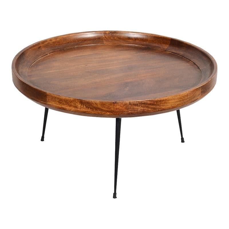 The Urban Port Round Mango Wood Coffee Table with Splayed Metal Legs, Brown and Black