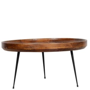 The Urban Port Round Mango Wood Coffee Table with Splayed Metal Legs, Brown and Black