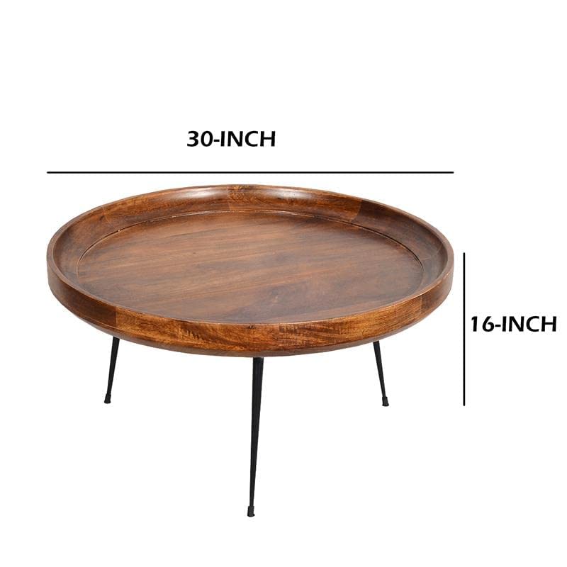 The Urban Port Round Mango Wood Coffee Table with Splayed Metal Legs, Brown and Black