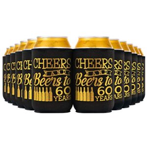 crisky 60th birthday can cooler, black gold cheers to 60 years birthday decoration party favor can covers, 12-ounce neoprene coolers for soda, can beverage, 12 count