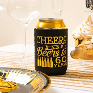 Crisky 60th Birthday Can Cooler, Black Gold Cheers to 60 Years Birthday Decoration Party Favor Can Covers, 12-Ounce Neoprene Coolers for Soda, Can Beverage, 12 Count
