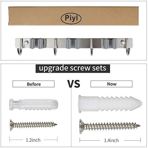 Piyl Mop Broom Holder Wall Mount Heavy Duty Hooks Hanger 17” Stainless Steel Organizer for Home Laundry Bathroom Kitchen Garage Garden Utility Tools Rack Storage Durable