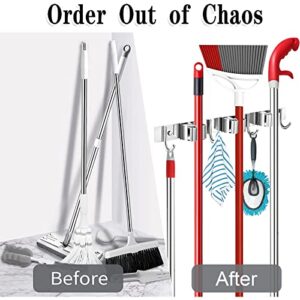 Piyl Mop Broom Holder Wall Mount Heavy Duty Hooks Hanger 17” Stainless Steel Organizer for Home Laundry Bathroom Kitchen Garage Garden Utility Tools Rack Storage Durable