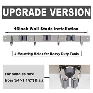 Piyl Mop Broom Holder Wall Mount Heavy Duty Hooks Hanger 17” Stainless Steel Organizer for Home Laundry Bathroom Kitchen Garage Garden Utility Tools Rack Storage Durable