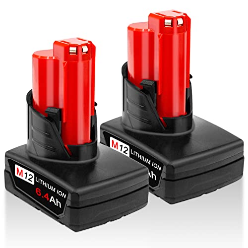 DTK 6.4Ah 12V M 12 Battery Replacement for Milwaukee M12 Battery 48-11-2410 48-11-2411 48-11-2420 48-11-2440 48-11-2460,Compatible with Milwaukee M12 Cordless Power Tools 2Pack Lithium Batteries