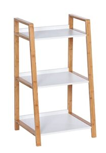 wenko 3 tier ladder shelf for bathroom, kitchen, living room, bamboo, storage unit with white shelves, dimensions 16.93 x 29.92 x 14.17 in