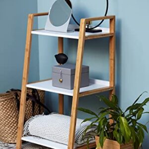 WENKO 3 Tier Ladder Shelf for Bathroom, Kitchen, Living Room, Bamboo, Storage Unit with White Shelves, Dimensions 16.93 x 29.92 x 14.17 in