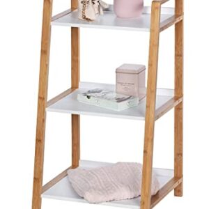 WENKO 3 Tier Ladder Shelf for Bathroom, Kitchen, Living Room, Bamboo, Storage Unit with White Shelves, Dimensions 16.93 x 29.92 x 14.17 in