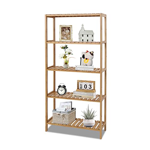 kinbor 5-Tier Bamboo Bathroon Shelf - Bamboo Shelf Storage Shelving Rack Utility Shelf Multifunctional Bamboo Rack for Bathroom Kitchen Living Room