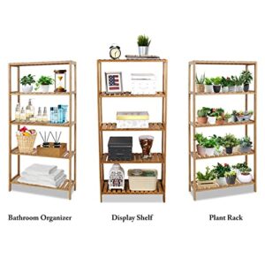 kinbor 5-Tier Bamboo Bathroon Shelf - Bamboo Shelf Storage Shelving Rack Utility Shelf Multifunctional Bamboo Rack for Bathroom Kitchen Living Room