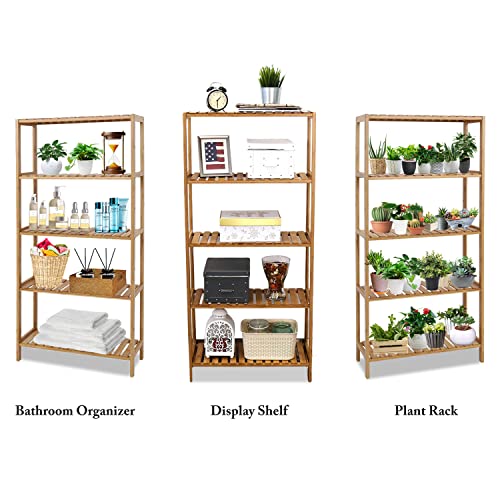 kinbor 5-Tier Bamboo Bathroon Shelf - Bamboo Shelf Storage Shelving Rack Utility Shelf Multifunctional Bamboo Rack for Bathroom Kitchen Living Room