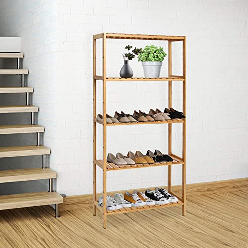 kinbor 5-Tier Bamboo Bathroon Shelf - Bamboo Shelf Storage Shelving Rack Utility Shelf Multifunctional Bamboo Rack for Bathroom Kitchen Living Room