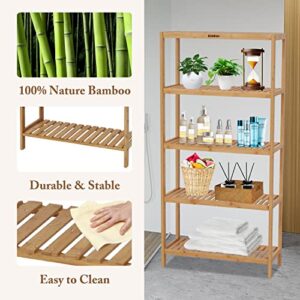 kinbor 5-Tier Bamboo Bathroon Shelf - Bamboo Shelf Storage Shelving Rack Utility Shelf Multifunctional Bamboo Rack for Bathroom Kitchen Living Room