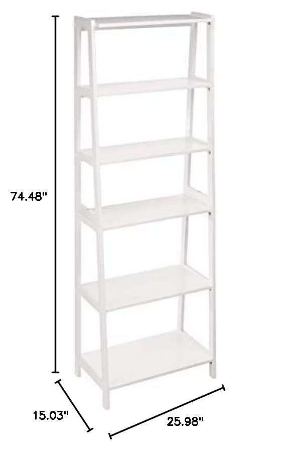 Amazon Basics Rubberwood 5 Shelf Ladder Bookcase, White, 15.03" D x 25.98" W x 74.48" H