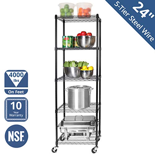 Seville Classics UltraDurable Heavy Duty NSF Solid Steel Wire Rack Storage Unit Organizer for Garage, Warehouse, Office, Restaurant, Classroom, Kitchen, 5-Tier Shelving, 24" W x 18" D, Black, 10 Count