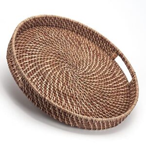 round rattan woven serving tray with handles ottoman tray for breakfast, drinks, snack for coffee table, home decorative (16.9 inch, honey brown)