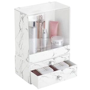 mdesign decorative stackable plastic makeup organizers for bathroom vanity, countertop, cabinet - easy-access cosmetic storage, 2 drawer unit and tall bin box with lid - set of 2 - marble