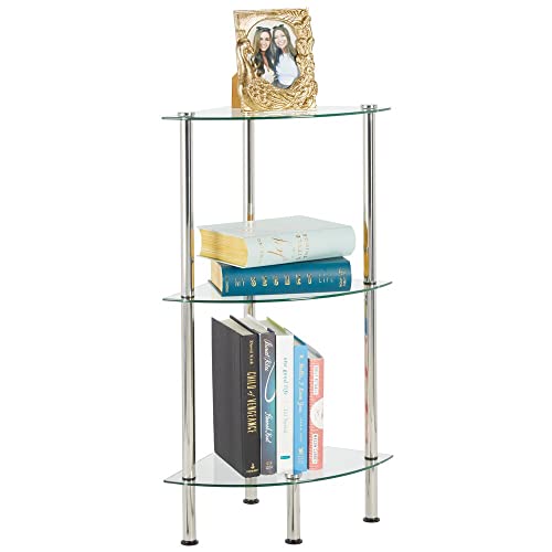 mDesign Bathroom Floor Storage Corner Tower, 3 Tier Open Glass Shelves - Compact Shelving Display Unit - Multi-Use Home Organizer for Bath, Office, Bedroom, Living Room - Clear/Chrome Metal