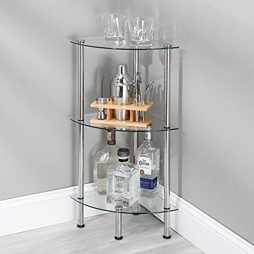 mDesign Bathroom Floor Storage Corner Tower, 3 Tier Open Glass Shelves - Compact Shelving Display Unit - Multi-Use Home Organizer for Bath, Office, Bedroom, Living Room - Clear/Chrome Metal