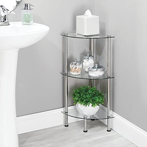 mDesign Bathroom Floor Storage Corner Tower, 3 Tier Open Glass Shelves - Compact Shelving Display Unit - Multi-Use Home Organizer for Bath, Office, Bedroom, Living Room - Clear/Chrome Metal