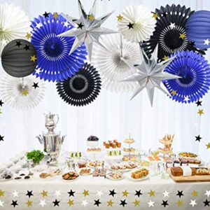 Hanging Party Decoration Supplies Set of Tissue Paper Fans Star Garland Paper Lanterns for Graduation Wedding Anniversary Birthday Backdrop Decoration (Navy Blue White Black)