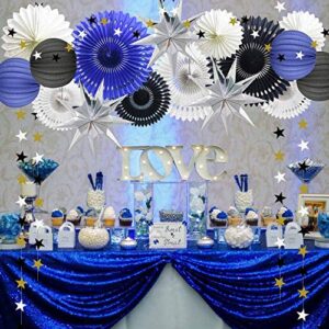 Hanging Party Decoration Supplies Set of Tissue Paper Fans Star Garland Paper Lanterns for Graduation Wedding Anniversary Birthday Backdrop Decoration (Navy Blue White Black)