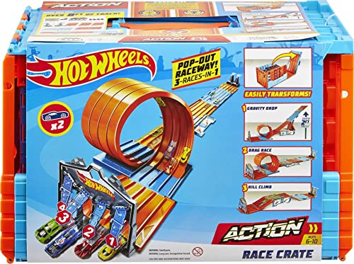 Hot Wheels Toy Car Track Set, Race Crate Transforms Into 3 Builds, Includes Storage & 2 Cars in 1:64 Scale [Amazon Exclusive]