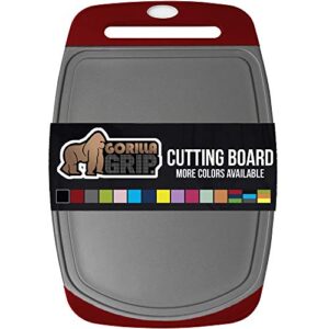 gorilla grip reversible, oversized, thick cutting board, grip handle, deep juice grooves, slip resistant, large kitchen chopping boards for meat, veggies, fruits, dishwasher safe, 16x11.2, red gray