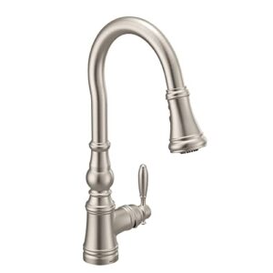 moen weymouth spot resist stainless shepherd's hook pulldown kitchen faucet featuring metal wand with power boost, s73004srs