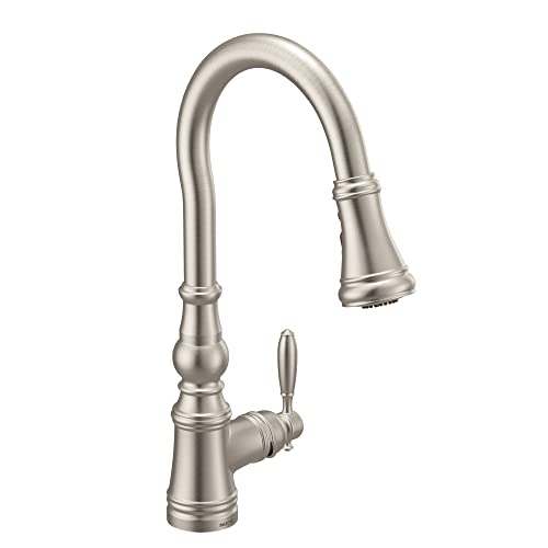 Moen Weymouth Spot Resist Stainless Shepherd's Hook Pulldown Kitchen Faucet Featuring Metal Wand with Power Boost, S73004SRS