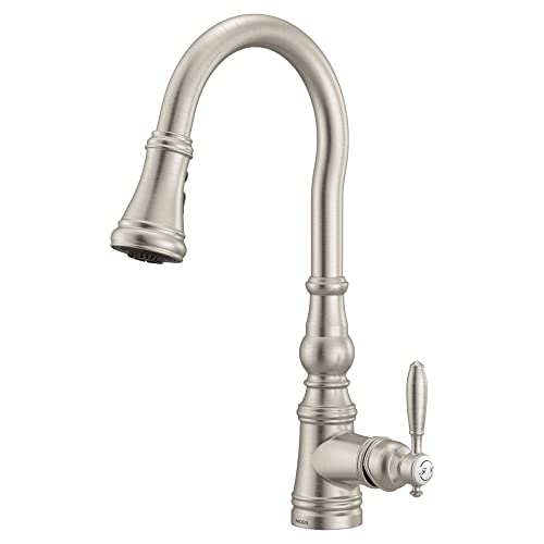 Moen Weymouth Spot Resist Stainless Shepherd's Hook Pulldown Kitchen Faucet Featuring Metal Wand with Power Boost, S73004SRS