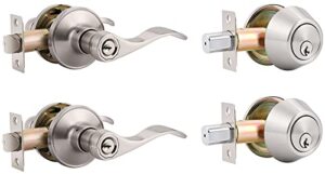 2 pack keyed alike entry lever door handle and single cylinder deadbolt lock with same keys, wave style locking lever handle set [front door or office] right & left sided doors, satin nickel