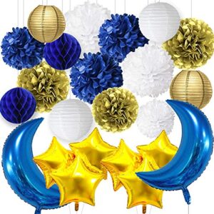 wcaro nautical party decorations to the moon party decor royal blue white gold tissue pom poms flower paper lanterns paper honeycomb ball moon shaped foil mylar balloons star shape foil mylar balloons