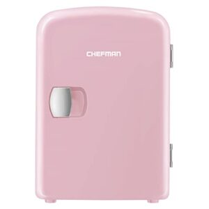chefman mini portable pink personal fridge cools or heats & provides compact storage for skincare, snacks, or 6 12oz cans w/ a lightweight 4-liter capacity to take on the go