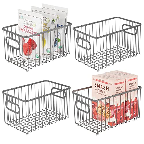 mDesign Metal Farmhouse Kitchen Pantry Food Storage Organizer Basket Bin - Wire Grid Design - for Cabinet, Cupboard, Shelves, Countertop, Closet, Bedroom, Bathroom - 10" Long, 4 Pack - Graphite Gray