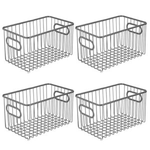 mDesign Metal Farmhouse Kitchen Pantry Food Storage Organizer Basket Bin - Wire Grid Design - for Cabinet, Cupboard, Shelves, Countertop, Closet, Bedroom, Bathroom - 10" Long, 4 Pack - Graphite Gray