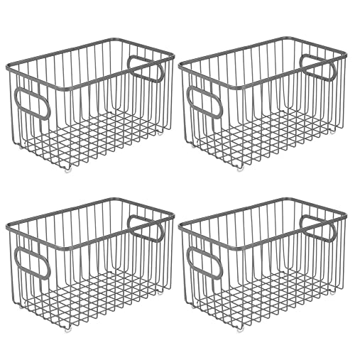 mDesign Metal Farmhouse Kitchen Pantry Food Storage Organizer Basket Bin - Wire Grid Design - for Cabinet, Cupboard, Shelves, Countertop, Closet, Bedroom, Bathroom - 10" Long, 4 Pack - Graphite Gray