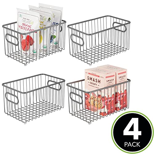 mDesign Metal Farmhouse Kitchen Pantry Food Storage Organizer Basket Bin - Wire Grid Design - for Cabinet, Cupboard, Shelves, Countertop, Closet, Bedroom, Bathroom - 10" Long, 4 Pack - Graphite Gray