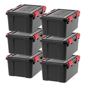 iris usa 19 quart weatherpro plastic storage box with durable lid and seal and secure latching buckles, weathertight, black with red buckles, 6 pack