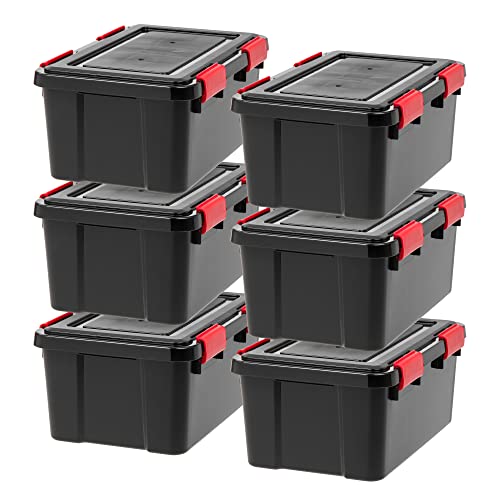 IRIS USA 19 Quart WEATHERPRO Plastic Storage Box with Durable Lid and Seal and Secure Latching Buckles, Weathertight, Black with Red Buckles, 6 Pack