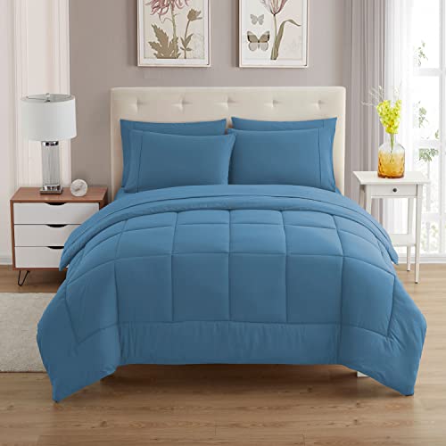 Sweet Home Collection 5 Piece Comforter Set Bag Solid Color All Season Soft Down Alternative Blanket & Luxurious Microfiber Bed Sheets, Denim, Twin