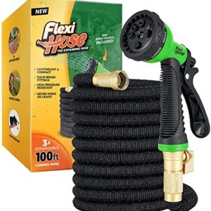 Flexi Hose with 8 Function Nozzle Expandable Garden Hose 100ft, Lightweight & No-Kink Flexible Garden Hose With Nozzle, 3/4 inch Solid Brass Fittings and Double Latex Core, 100 ft Black