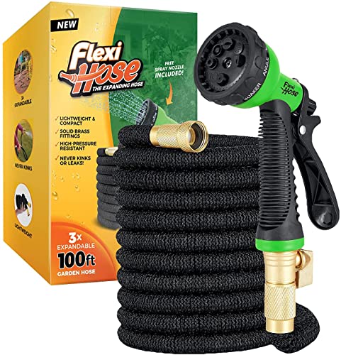 Flexi Hose with 8 Function Nozzle Expandable Garden Hose 100ft, Lightweight & No-Kink Flexible Garden Hose With Nozzle, 3/4 inch Solid Brass Fittings and Double Latex Core, 100 ft Black