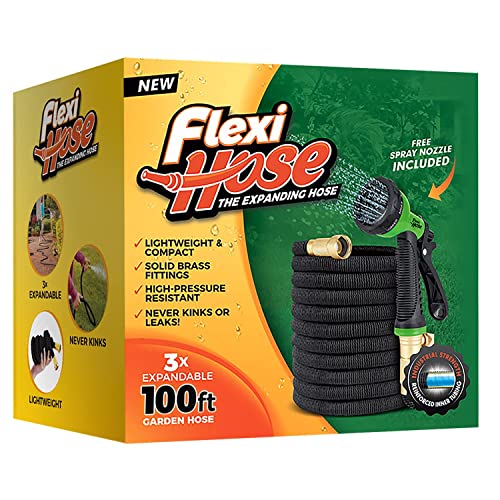 Flexi Hose with 8 Function Nozzle Expandable Garden Hose 100ft, Lightweight & No-Kink Flexible Garden Hose With Nozzle, 3/4 inch Solid Brass Fittings and Double Latex Core, 100 ft Black