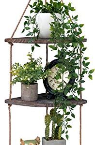 TIMEYARD Hanging Corner Wall Shelf, Distressed Brown Wood Jute Rope Floating Shelves, Farmhouse Storage Organizer Rack Rustic Home Decor for Living Room Bedroom Bathroom Kitchen