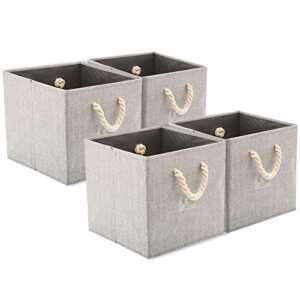 ezoware [set of 4] foldable fabric storage cube bins with cotton rope handle, collapsible resistant basket box organizer for shelves closet toys and more – gray 12x12x12 inch
