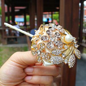 DOTKV Artificial Wrist Silk Flower Boutonniere Wrist Bouquet Corsage Flower with Peal and Diamond for Wedding Decor,Cocktail Party (GoldIvory_Corsae)