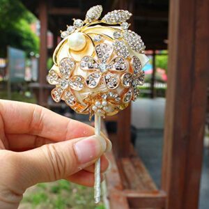 DOTKV Artificial Wrist Silk Flower Boutonniere Wrist Bouquet Corsage Flower with Peal and Diamond for Wedding Decor,Cocktail Party (GoldIvory_Corsae)