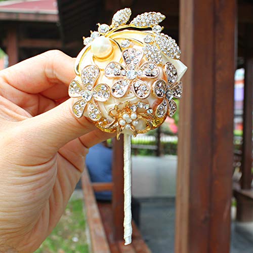 DOTKV Artificial Wrist Silk Flower Boutonniere Wrist Bouquet Corsage Flower with Peal and Diamond for Wedding Decor,Cocktail Party (GoldIvory_Corsae)