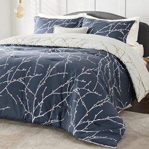 bedsure twin comforter set - twin bed set 5 pieces, reversible navy blue bed in a bag tree branch pattern printed with comforter twin size, sheets, pillowcase & sham